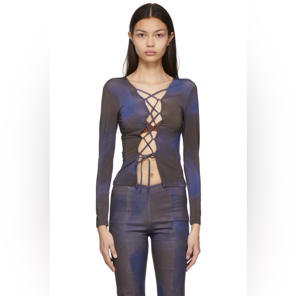 Paloma Wool Blue and Brown Lace-Up Blouse
